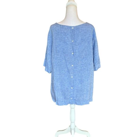 LL Bean Linen Blue Buttons Back 3 Quarter Sleeve Top Lagenlook Womens Size XL - Picture 3 of 8